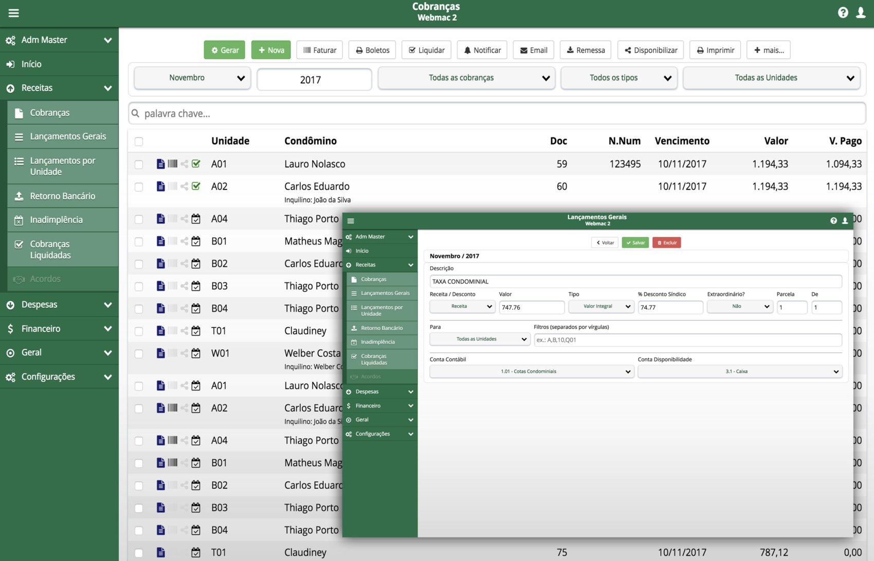 Lançamento e cobranças
