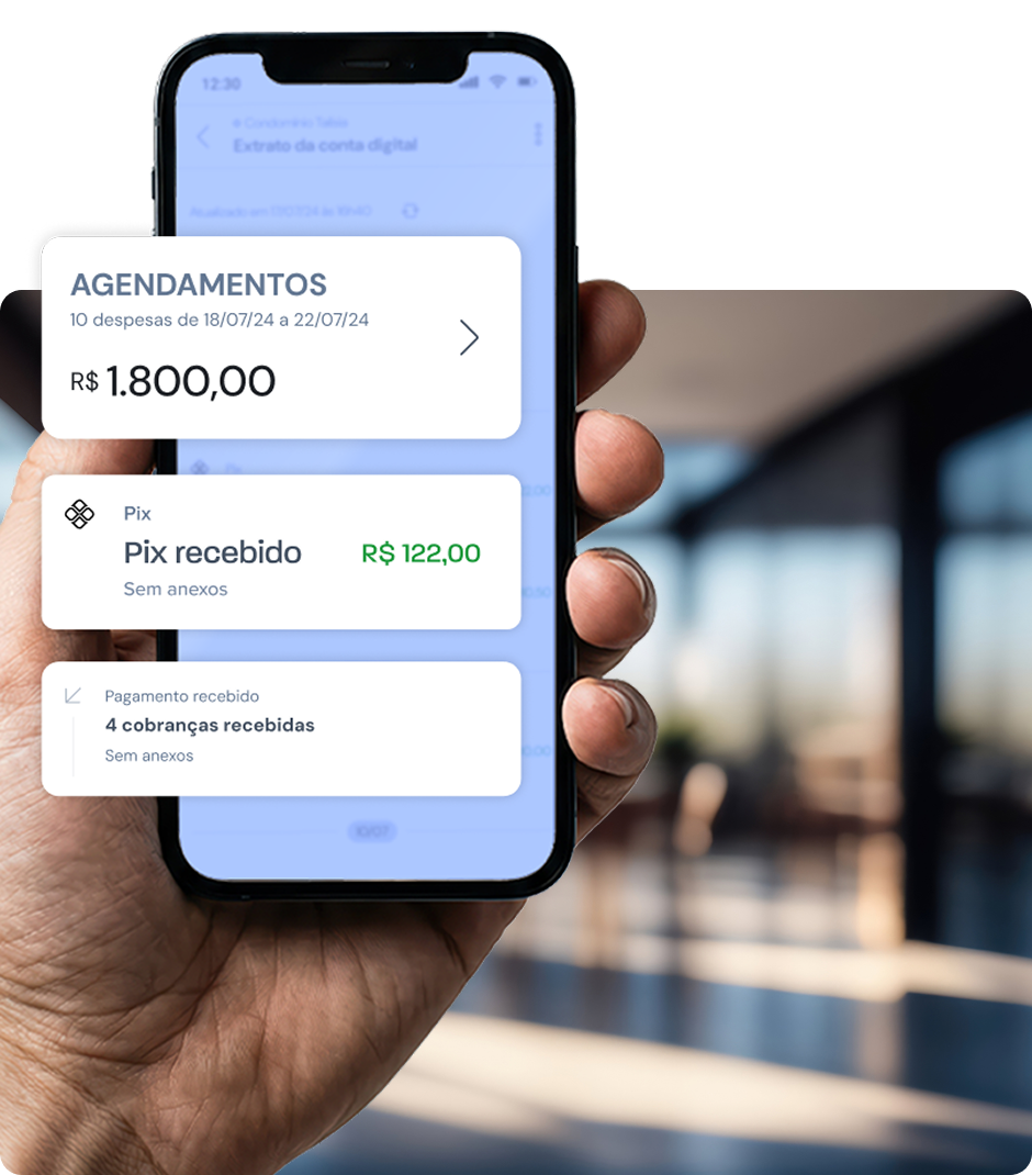 Celular na mão apresentando algumas funcionalidade dos serviços superlógica